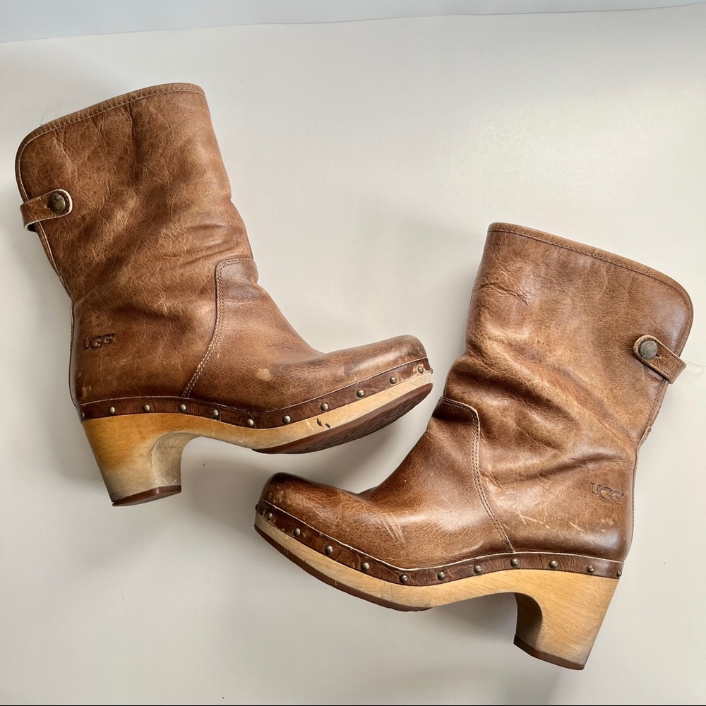 UGG Lynnea Women's Size 7 Shearling Studded Brown Leather Heel Boots